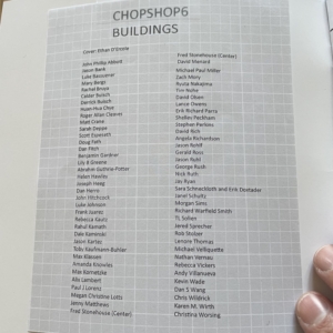 Index page of CHOPSHOP #6: Building. Full list of artist names in the zine.