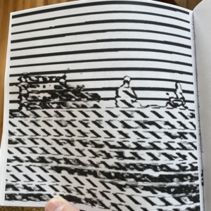 Piece in CHOPSHOP #6: Building. Two abstract figures sit on the horizon line, with a building-shaped object to the left.