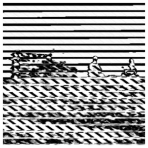 Piece for CHOPSHOP #6: Building. Two abstract figures sit on the horizon line, with a building-shaped object to the left.