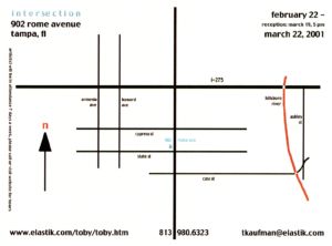 Intersection installation postcard (back), originally printed in 2001 for distribution; shows all details about the exhibition, and a map to the installation site.