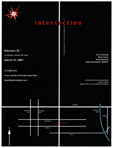 Intersection installation poster, originally printed in 2001 for distribution; shows all details about the exhibition, and a map to the installation site.